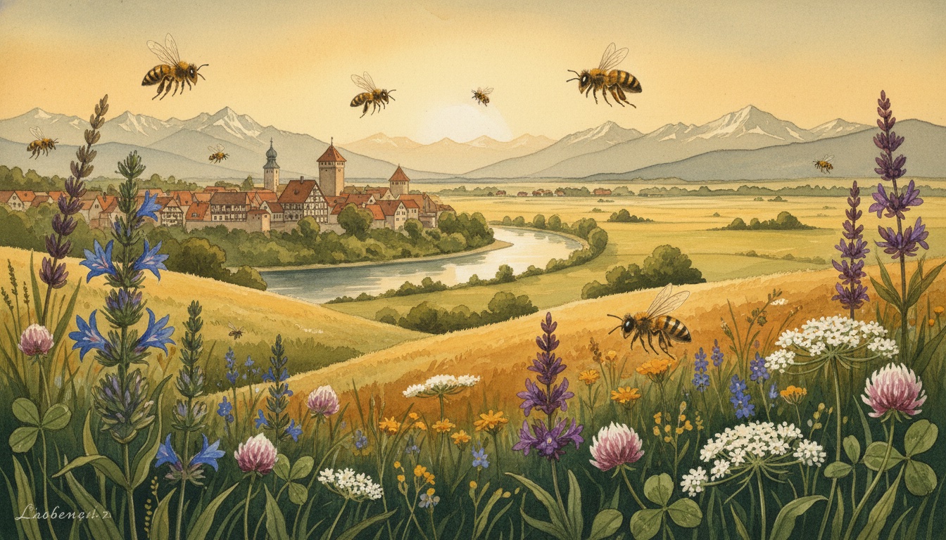Bienen und Wildbienen in Landsberg am Lech (Bayern) — Aquarell-Illustration der lokalen Habitate