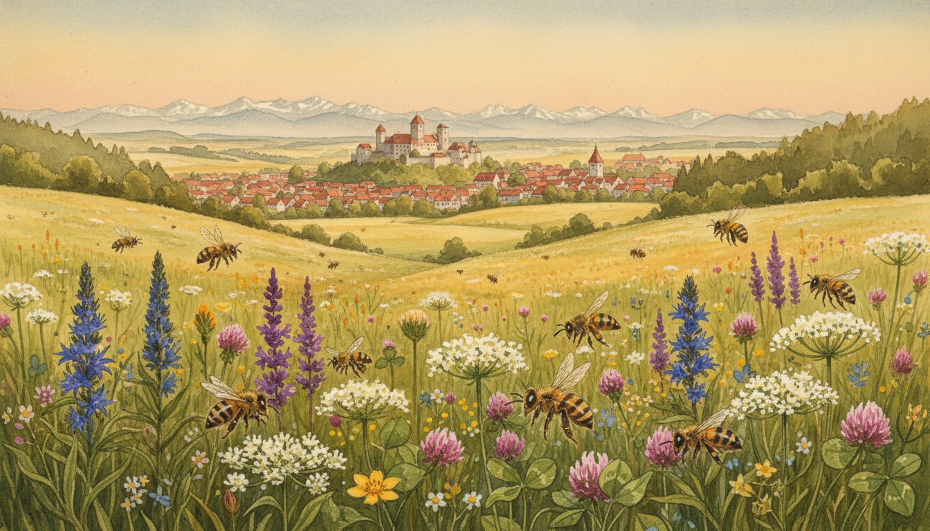 Bienen und Wildbienen in Landshut (Bayern) — Aquarell-Illustration der lokalen Habitate