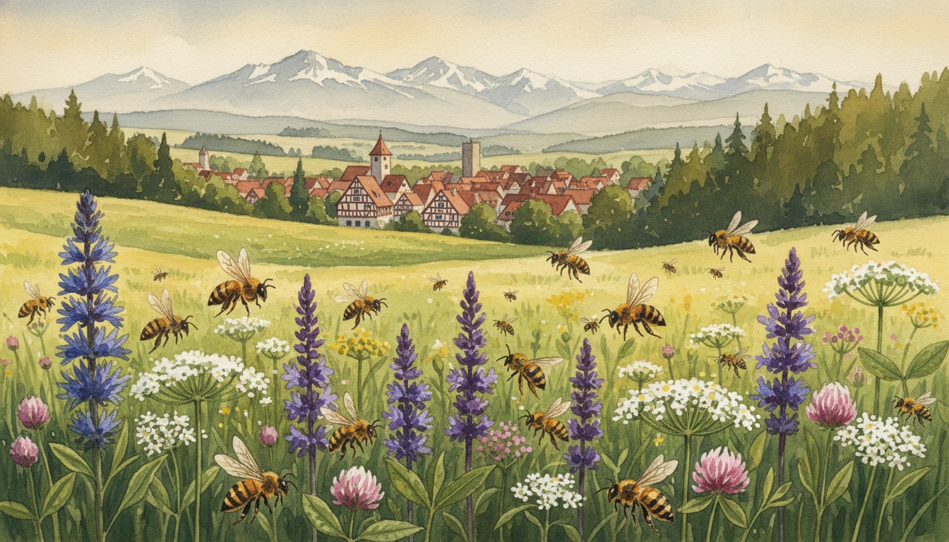 Bienen und Wildbienen in Lauf an der Pegnitz (Bayern) — Aquarell-Illustration der lokalen Habitate