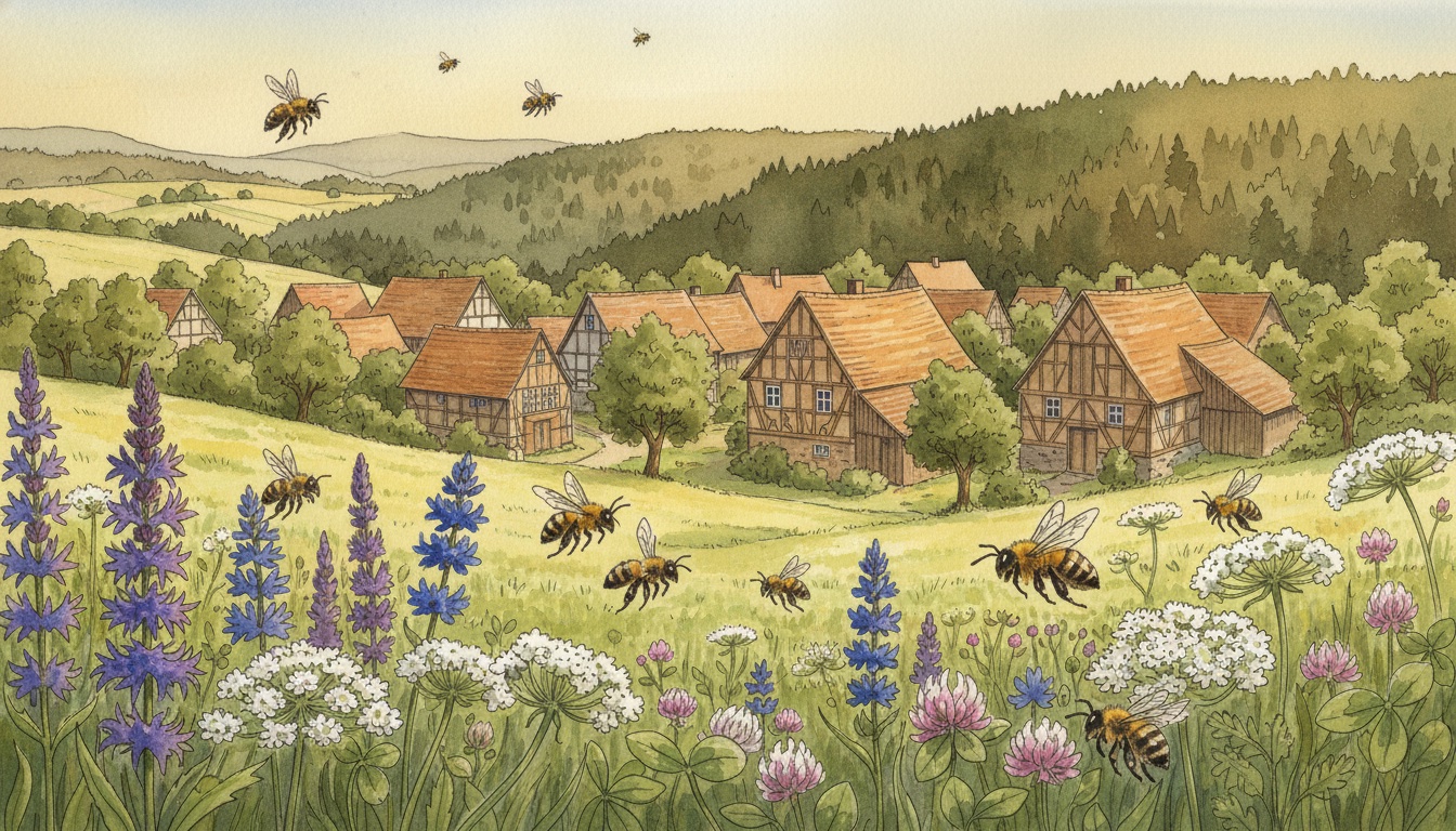 Bienen und Wildbienen in Lauterbach (Hessen) — Aquarell-Illustration der lokalen Habitate