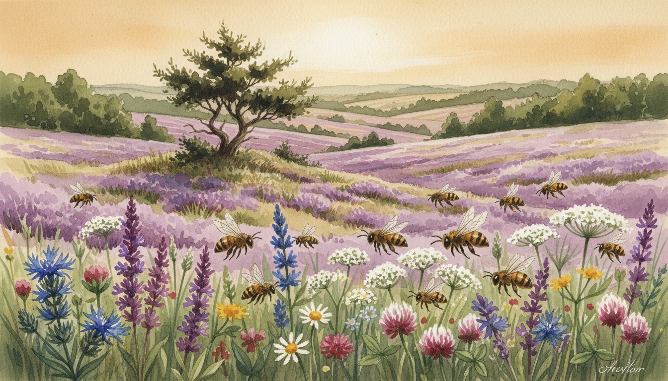 Bienen und Wildbienen in Lehrte (Niedersachsen) — Aquarell-Illustration der lokalen Habitate
