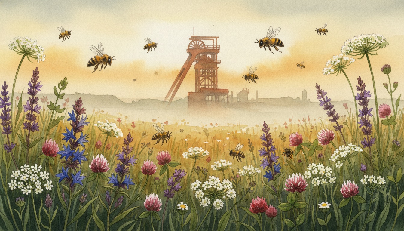 Bienen und Wildbienen in Leverkusen (Nordrhein-Westfalen) — Aquarell-Illustration der lokalen Habitate
