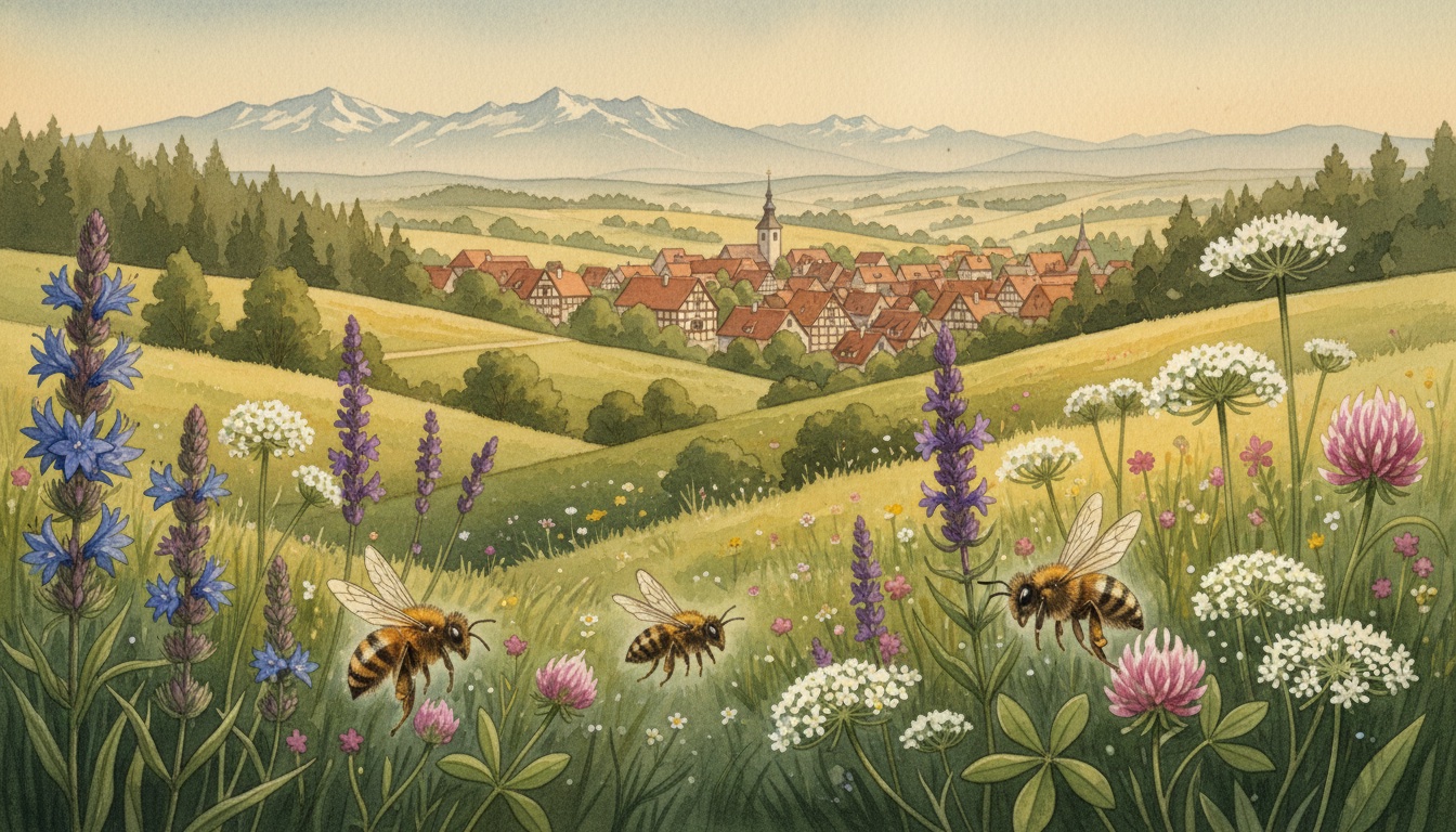 Bienen und Wildbienen in Lichtenfels (Bayern) — Aquarell-Illustration der lokalen Habitate