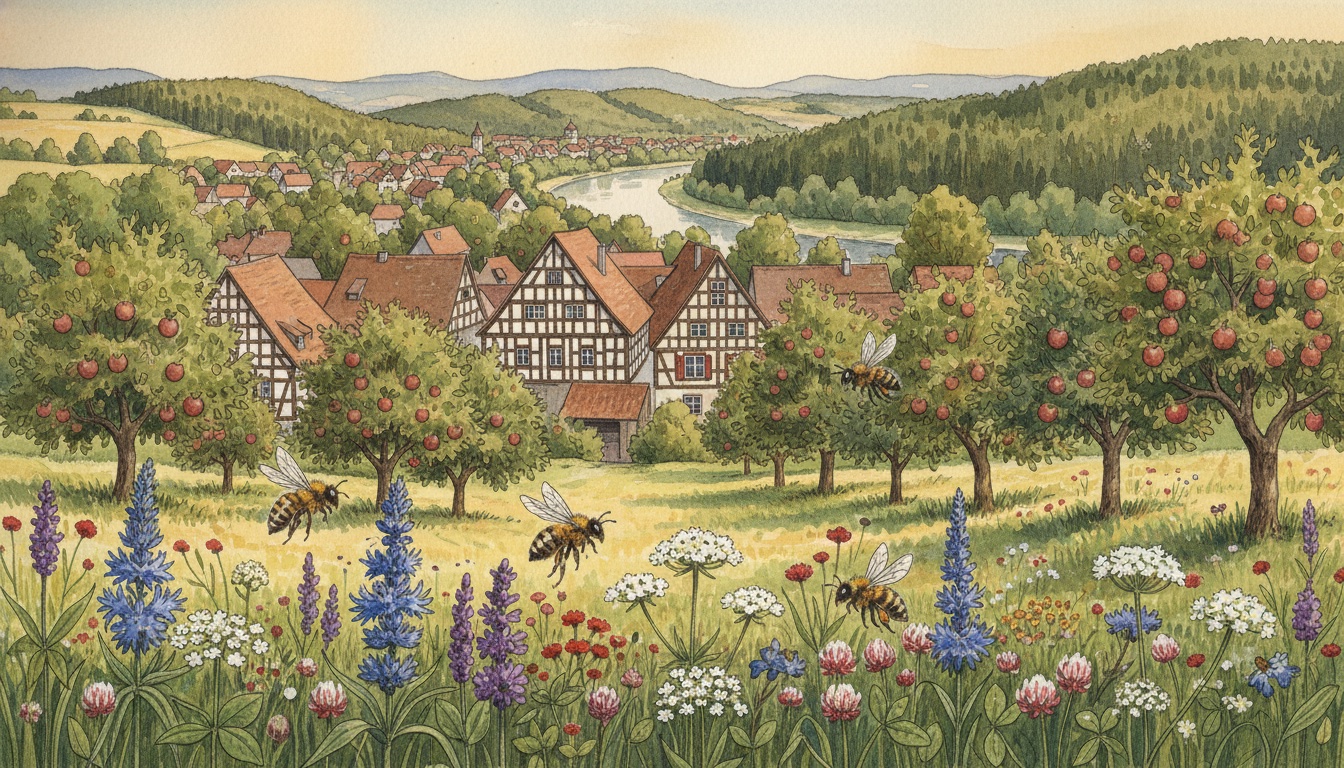 Bienen und Wildbienen in Limburg an der Lahn (Hessen) — Aquarell-Illustration der lokalen Habitate