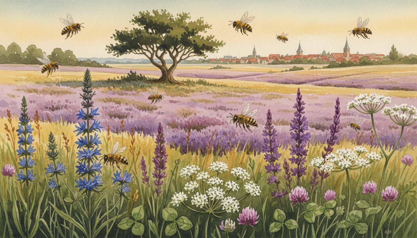 Bienen und Wildbienen in Lingen (Ems) (Niedersachsen) — Aquarell-Illustration der lokalen Habitate