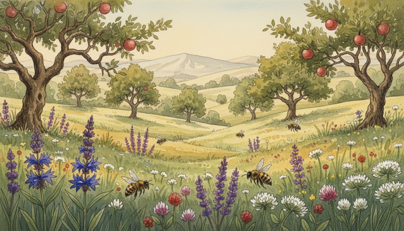 Bienen und Wildbienen in Lörrach (Baden-Württemberg) — Aquarell-Illustration der lokalen Habitate