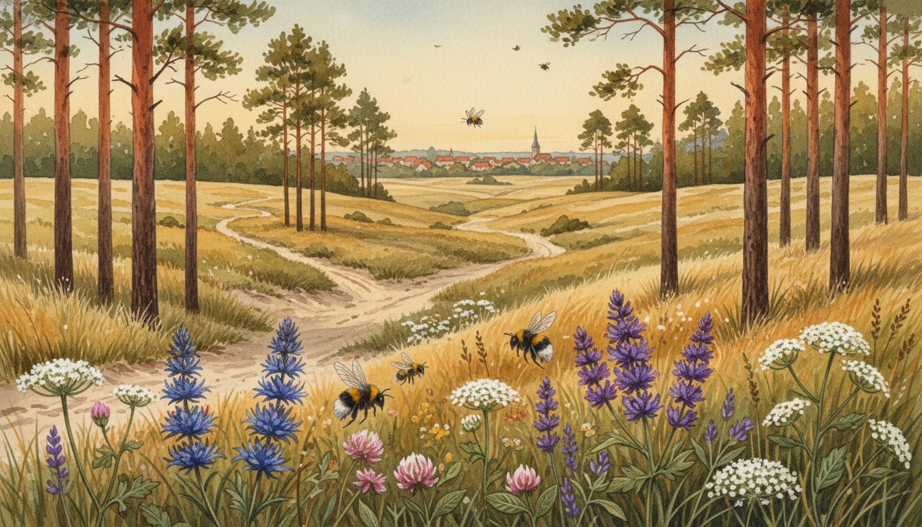 Bienen und Wildbienen in Luckenwalde (Brandenburg) — Aquarell-Illustration der lokalen Habitate