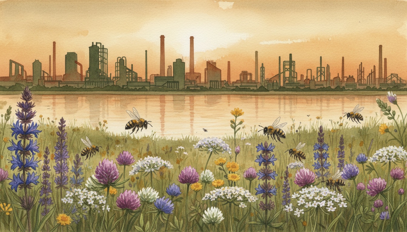 Bienen und Wildbienen in Ludwigshafen am Rhein (Rheinland-Pfalz) — Aquarell-Illustration der lokalen Habitate