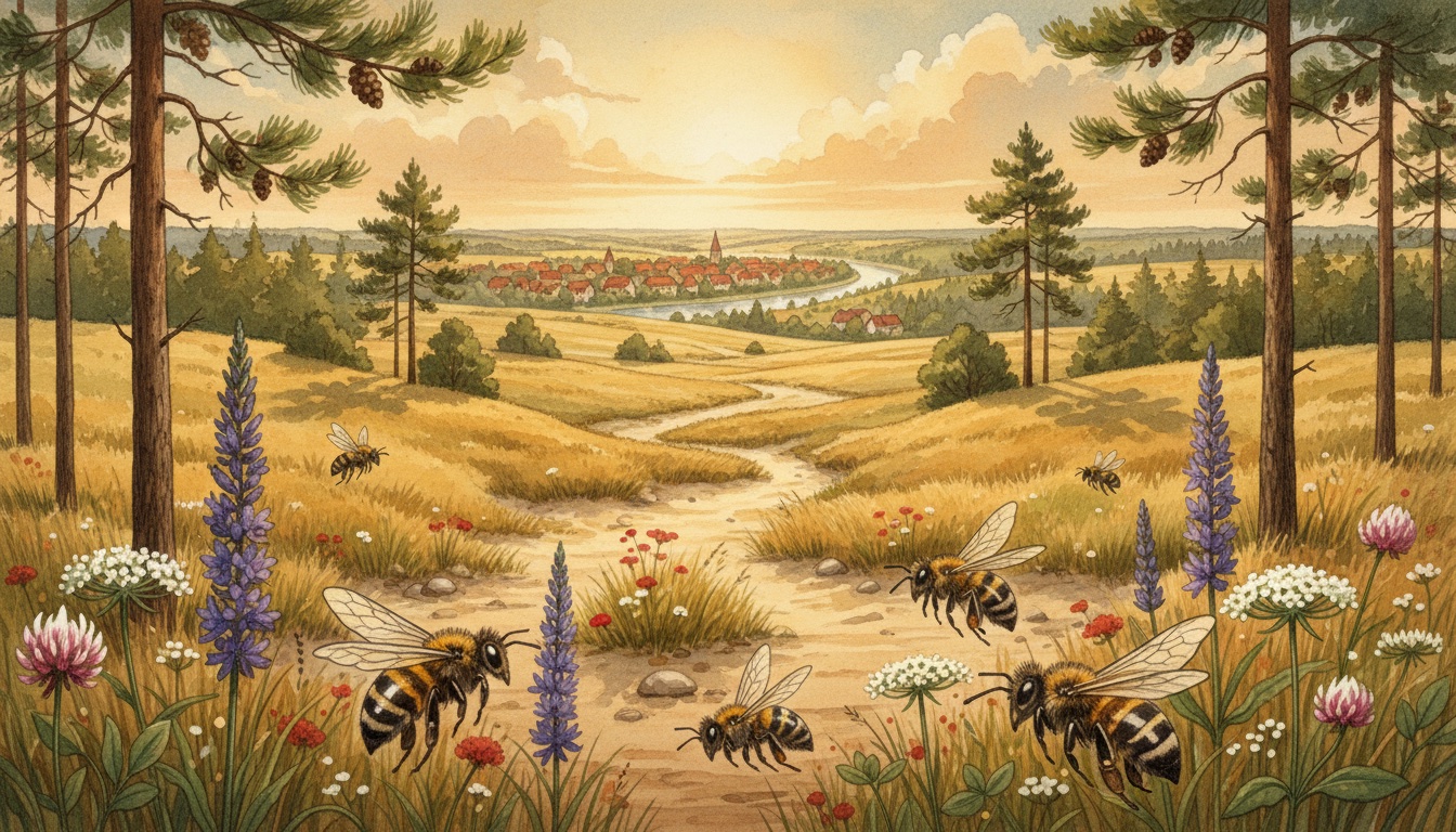 Bienen und Wildbienen in Lübben (Spreewald) (Brandenburg) — Aquarell-Illustration der lokalen Habitate