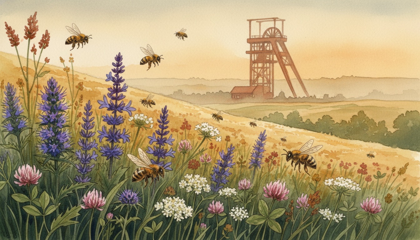 Bienen und Wildbienen in Lüdenscheid (Nordrhein-Westfalen) — Aquarell-Illustration der lokalen Habitate