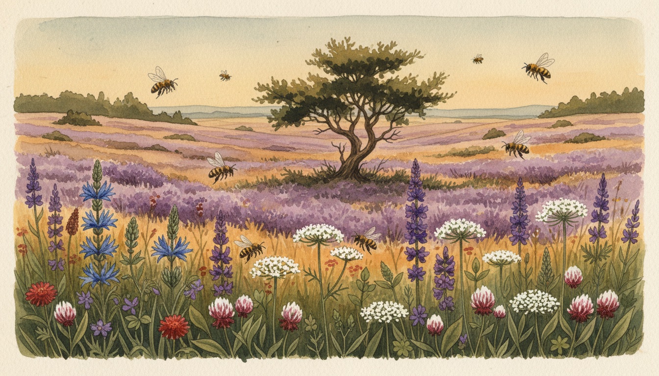 Bienen und Wildbienen in Lüneburg (Niedersachsen) — Aquarell-Illustration der lokalen Habitate