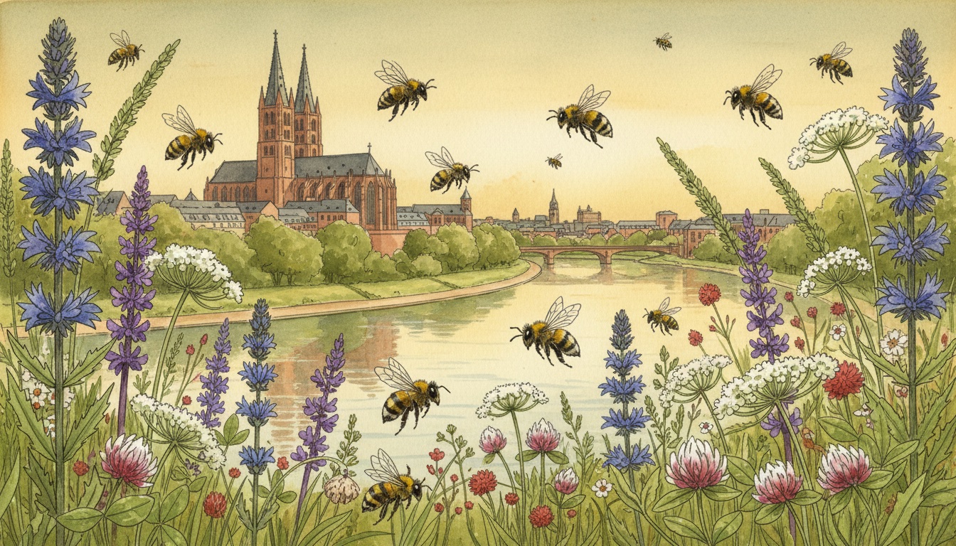 Bienen und Wildbienen in Mainz (Rheinland-Pfalz) — Aquarell-Illustration der lokalen Habitate