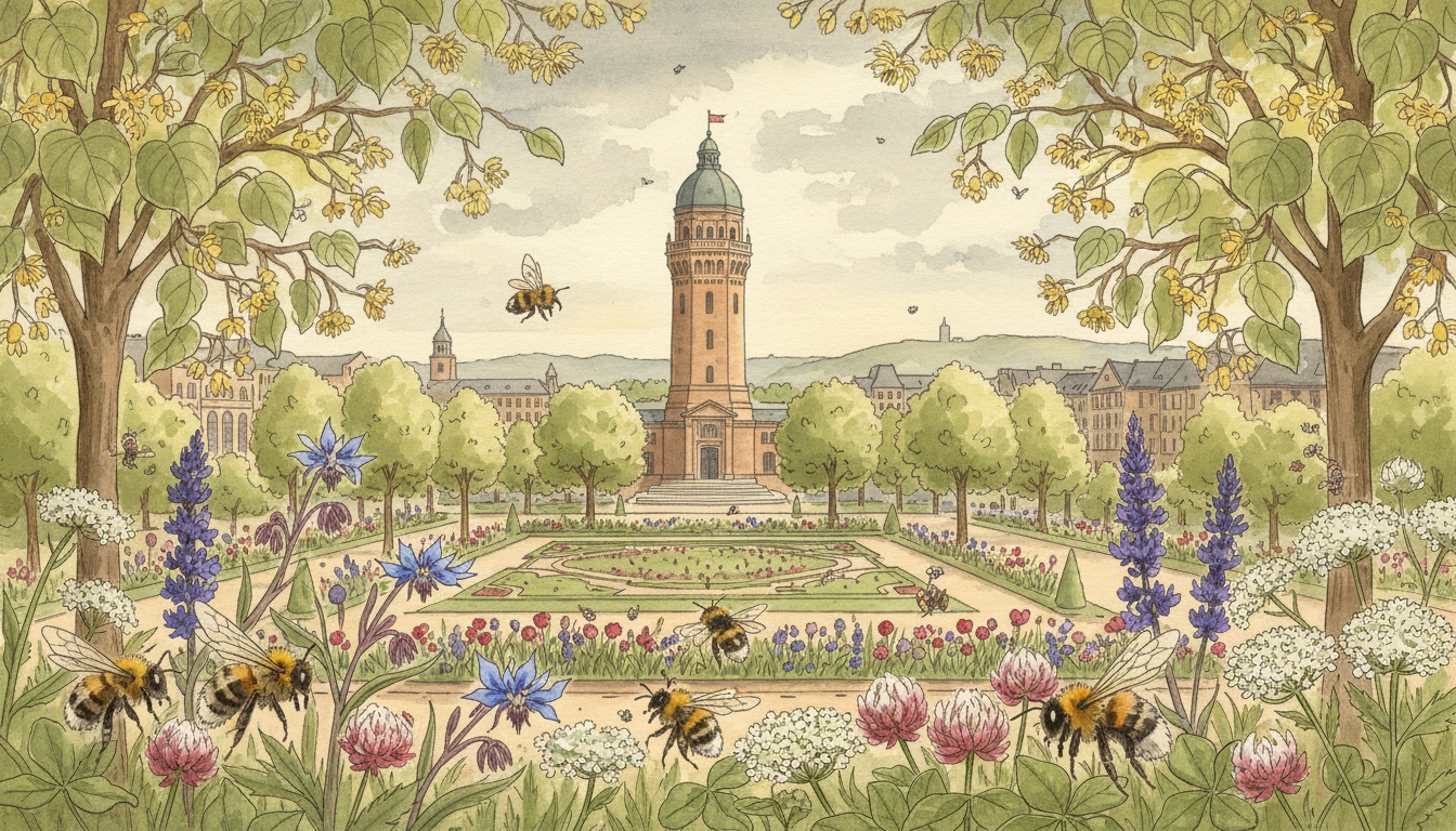 Bienen und Wildbienen in Mannheim (Baden-Württemberg) — Aquarell-Illustration der lokalen Habitate
