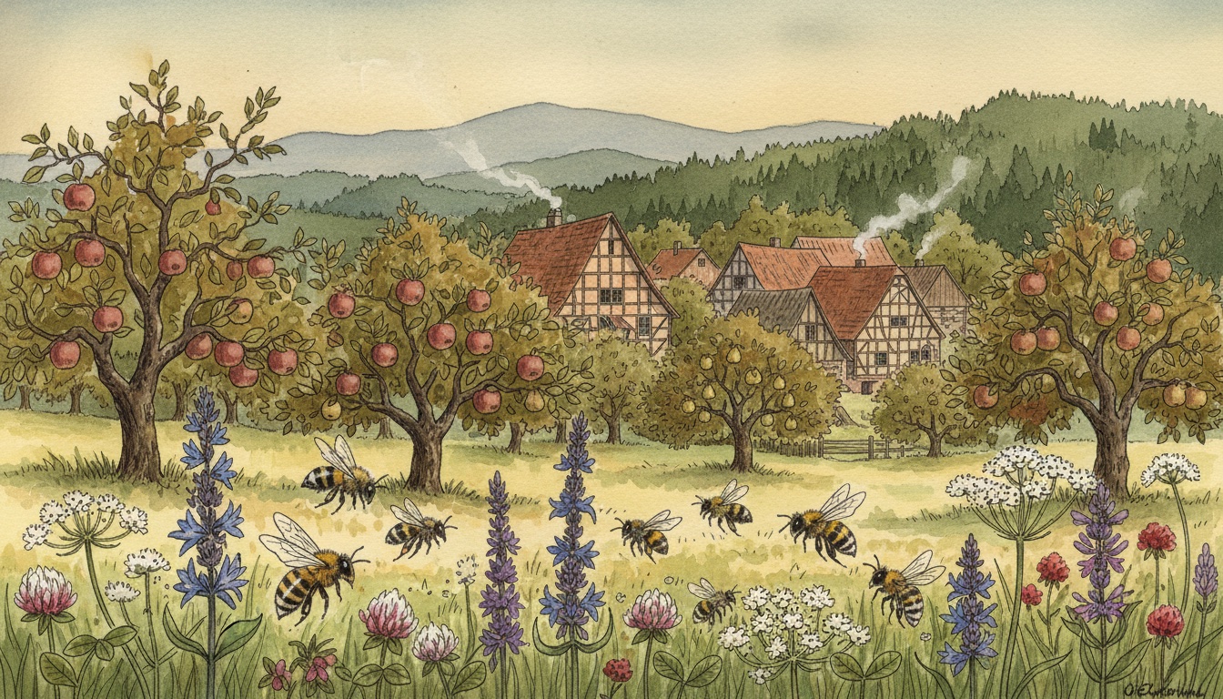 Bienen und Wildbienen in Marburg (Hessen) — Aquarell-Illustration der lokalen Habitate
