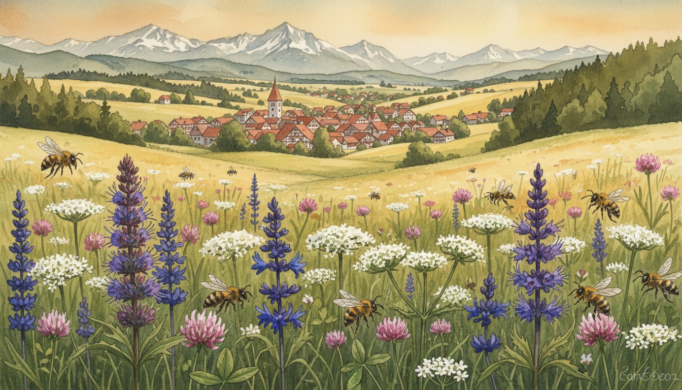 Bienen und Wildbienen in Marktoberdorf (Bayern) — Aquarell-Illustration der lokalen Habitate