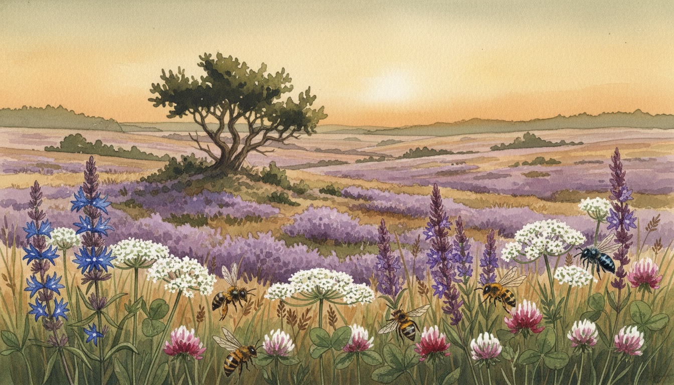 Bienen und Wildbienen in Mehrum (Ortsteil Hohenhameln) (Niedersachsen) — Aquarell-Illustration der lokalen Habitate