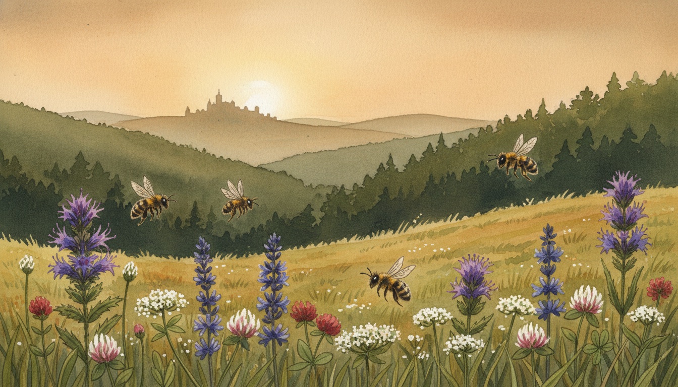 Bienen und Wildbienen in Meiningen (Thüringen) — Aquarell-Illustration der lokalen Habitate