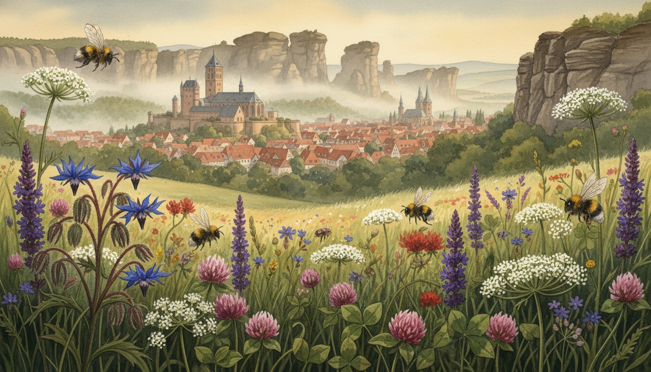 Bienen und Wildbienen in Meißen (Sachsen) — Aquarell-Illustration der lokalen Habitate