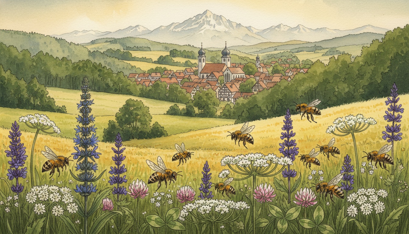 Bienen und Wildbienen in Memmingen (Bayern) — Aquarell-Illustration der lokalen Habitate
