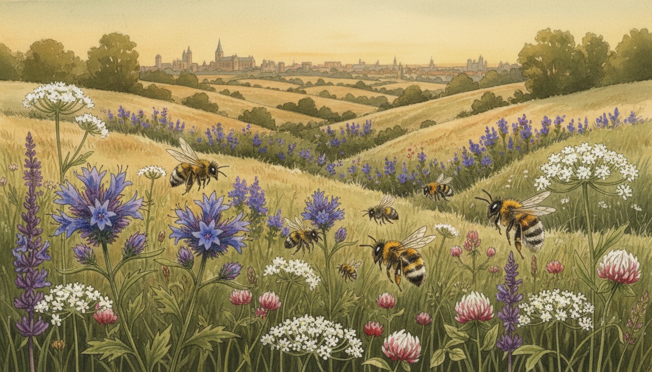 Bienen und Wildbienen in Merseburg (Sachsen-Anhalt) — Aquarell-Illustration der lokalen Habitate
