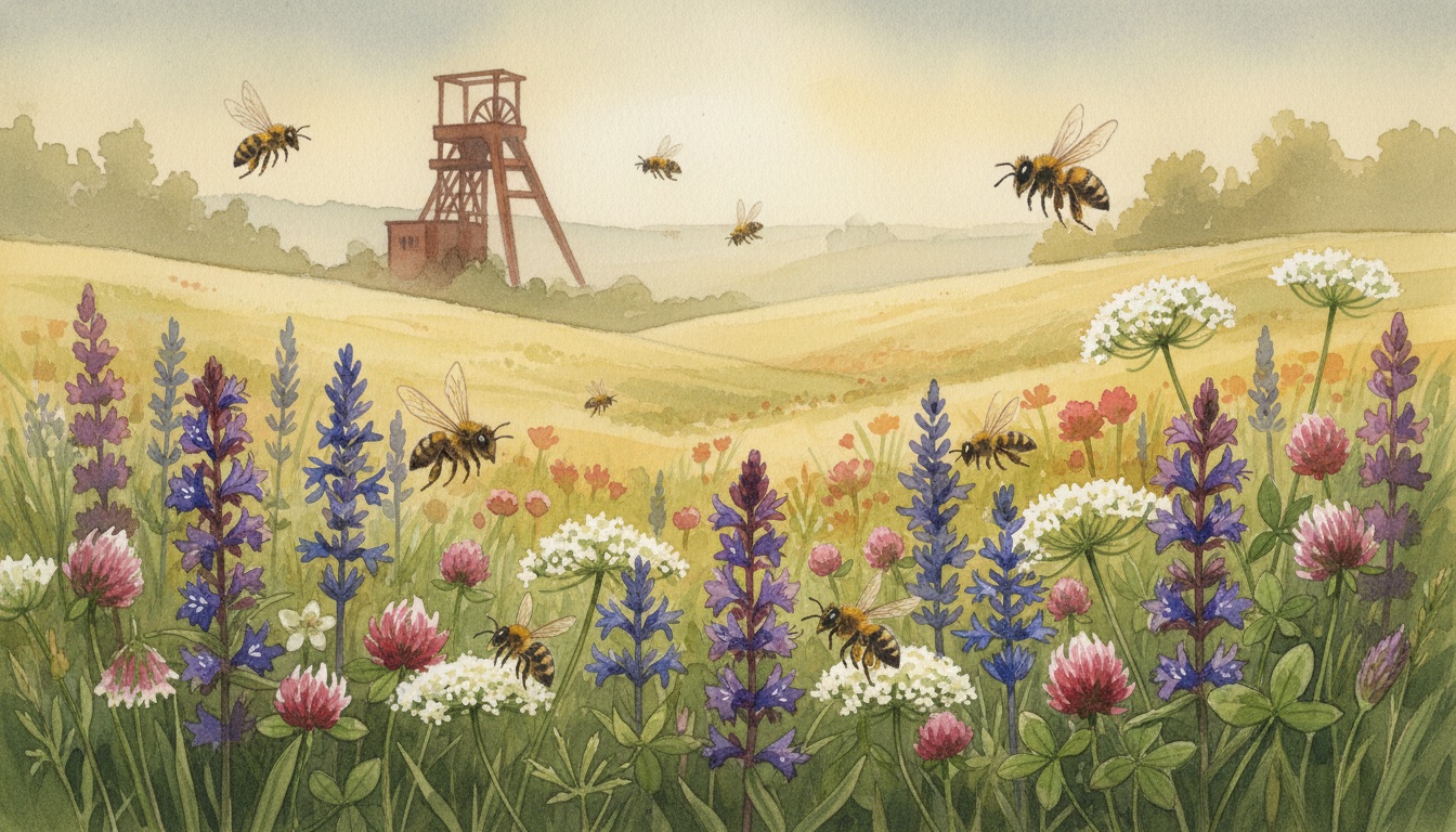 Bienen und Wildbienen in Meschede (Nordrhein-Westfalen) — Aquarell-Illustration der lokalen Habitate