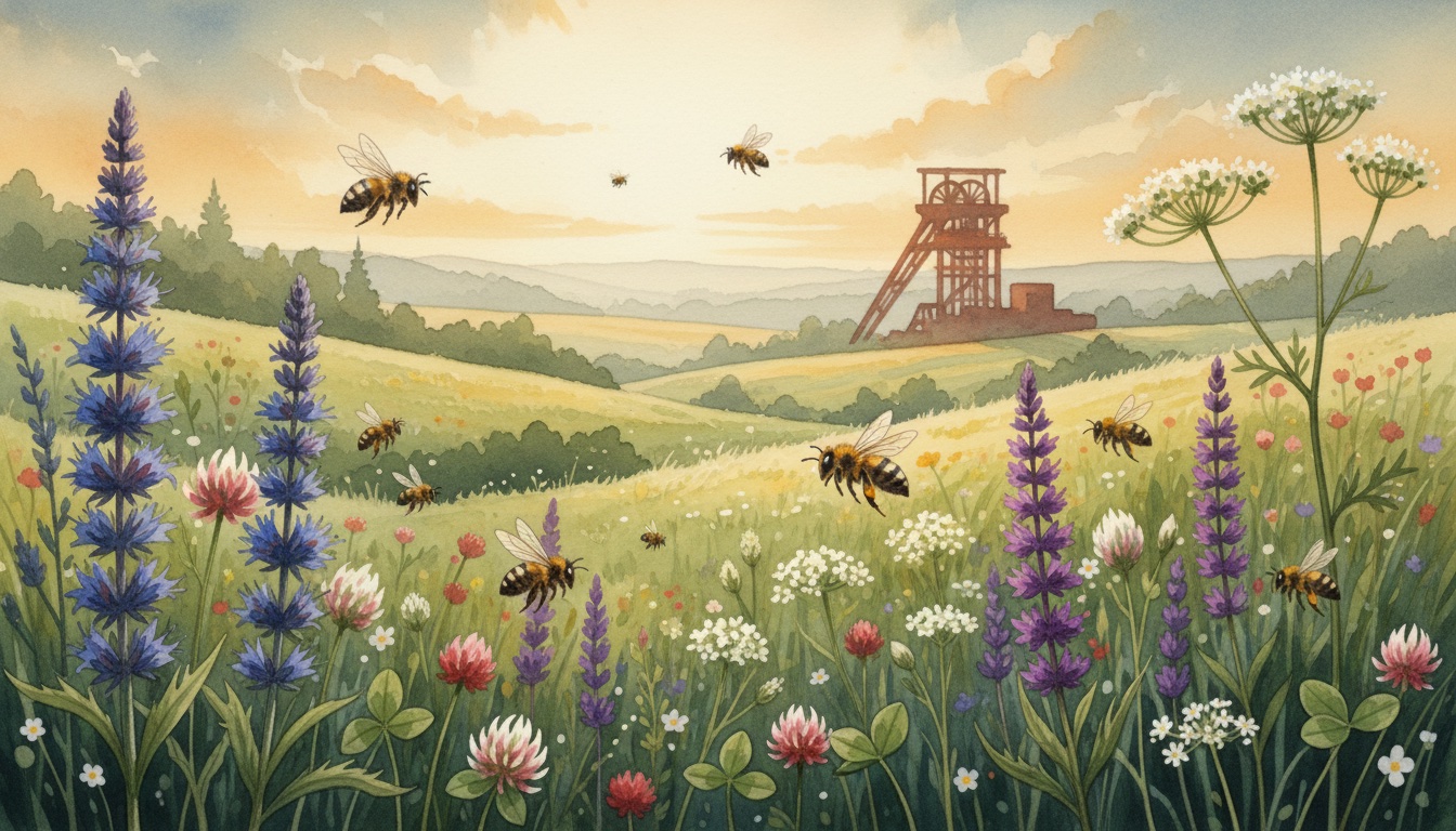 Bienen und Wildbienen in Mettmann (Nordrhein-Westfalen) — Aquarell-Illustration der lokalen Habitate