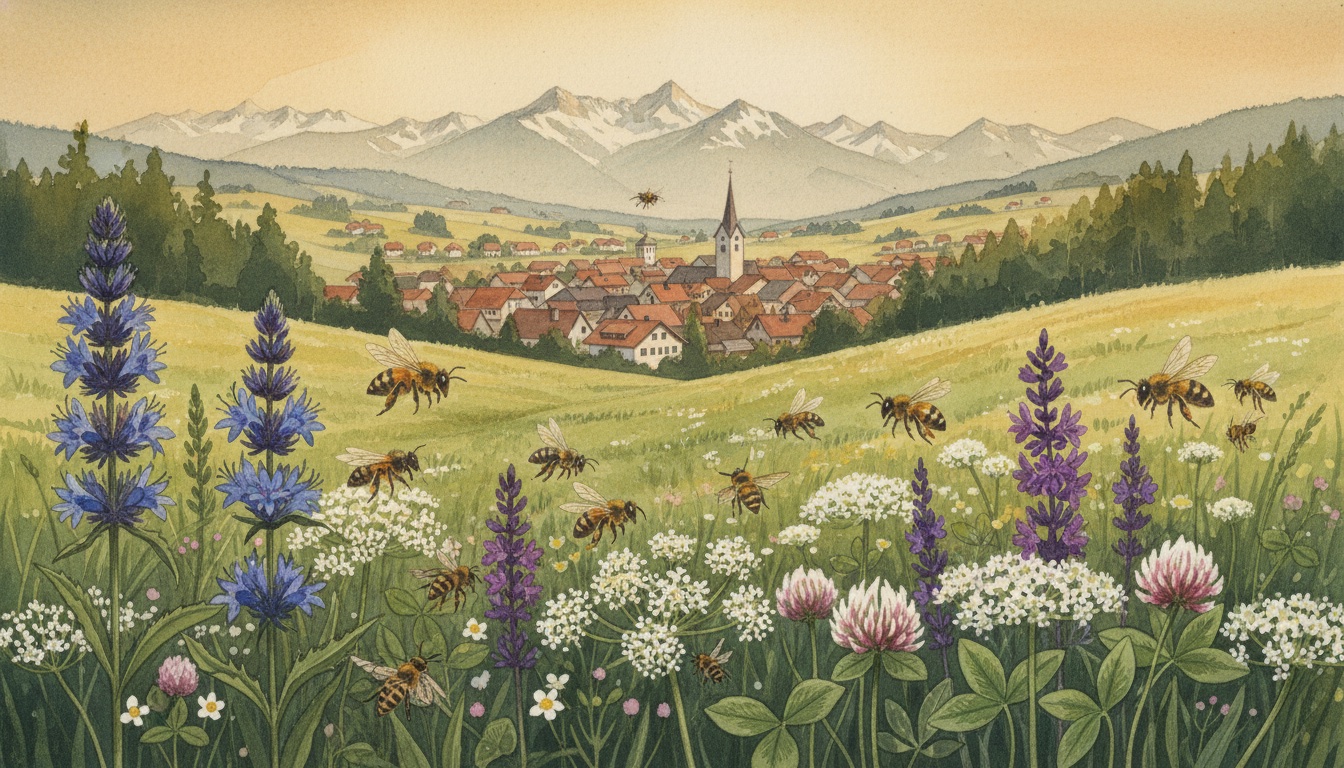 Bienen und Wildbienen in Miesbach (Bayern) — Aquarell-Illustration der lokalen Habitate