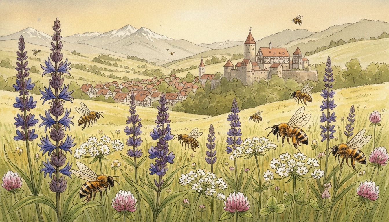 Bienen und Wildbienen in Miltenberg (Bayern) — Aquarell-Illustration der lokalen Habitate
