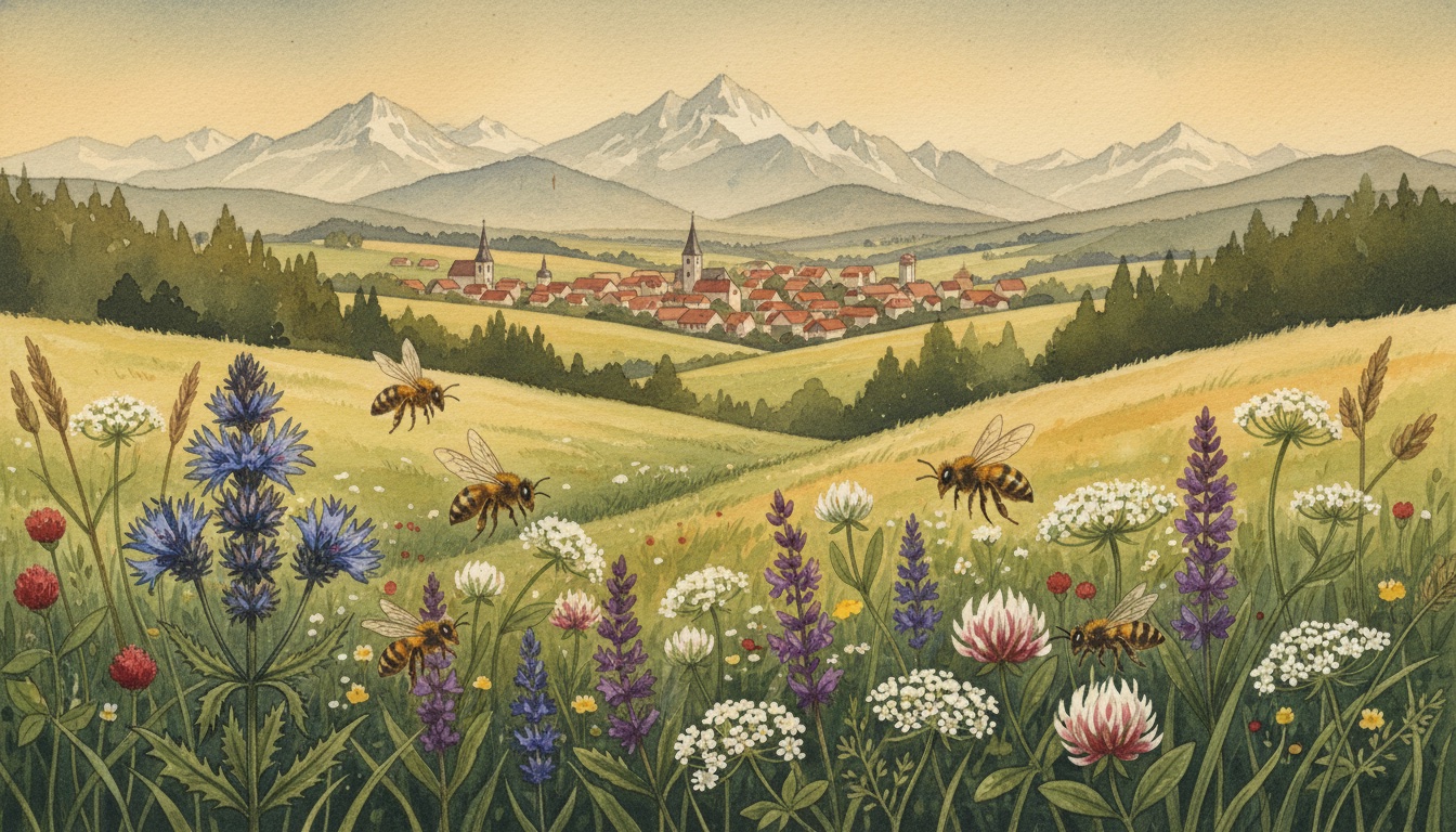 Bienen und Wildbienen in Mindelheim (Bayern) — Aquarell-Illustration der lokalen Habitate