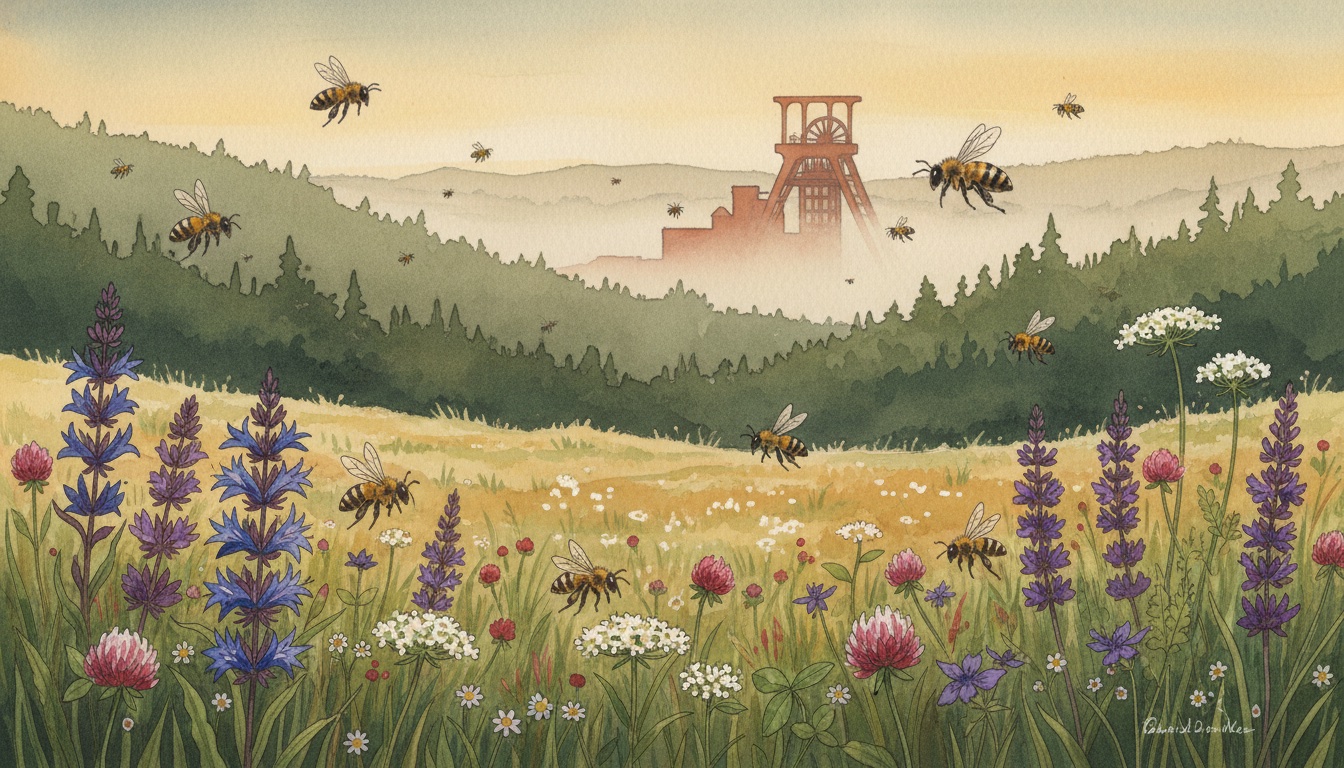 Bienen und Wildbienen in Minden (Nordrhein-Westfalen) — Aquarell-Illustration der lokalen Habitate