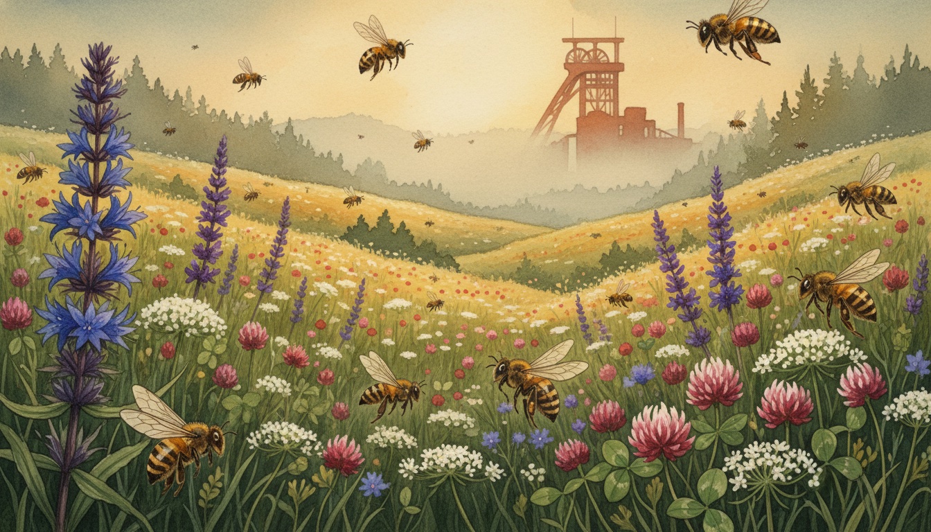 Bienen und Wildbienen in Mönchengladbach (Nordrhein-Westfalen) — Aquarell-Illustration der lokalen Habitate