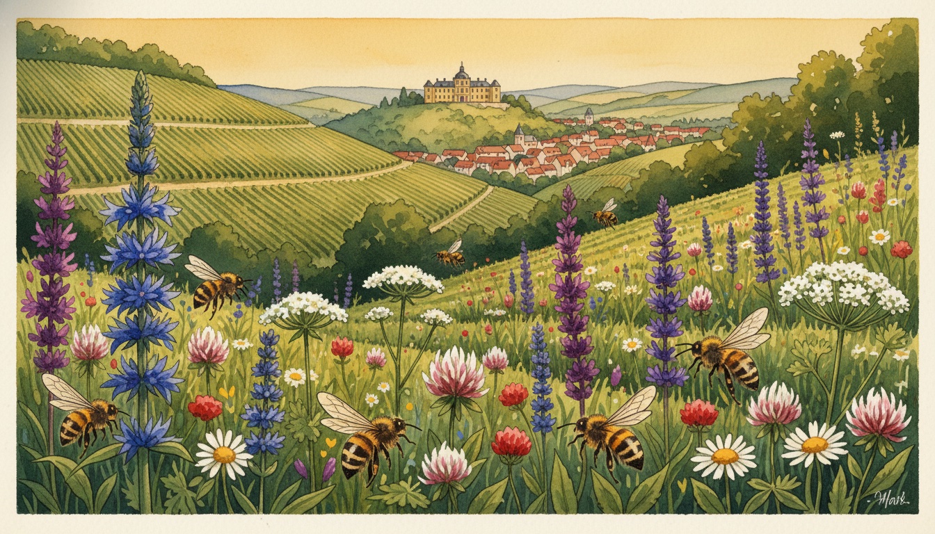 Bienen und Wildbienen in Montabaur (Rheinland-Pfalz) — Aquarell-Illustration der lokalen Habitate