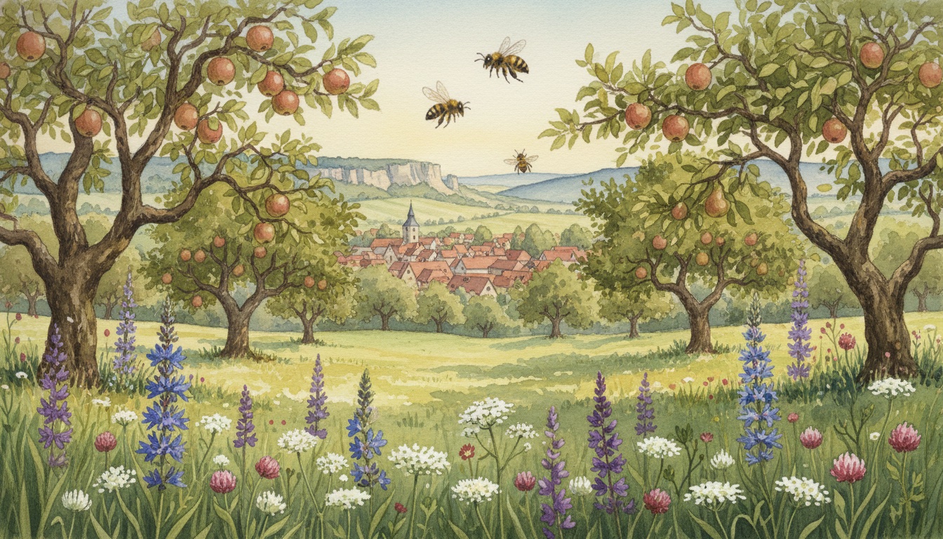Bienen und Wildbienen in Mosbach (Baden-Württemberg) — Aquarell-Illustration der lokalen Habitate