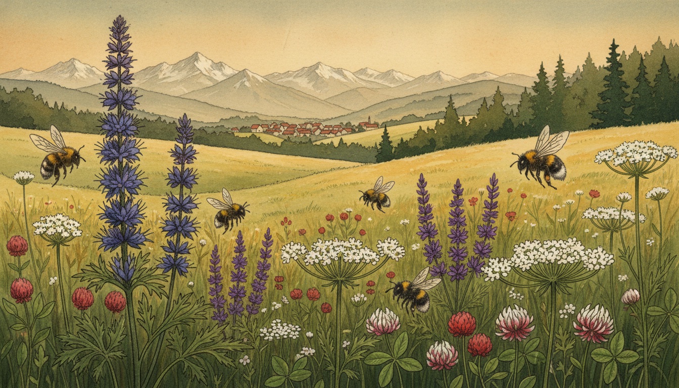 Bienen und Wildbienen in Mühldorf am Inn (Bayern) — Aquarell-Illustration der lokalen Habitate