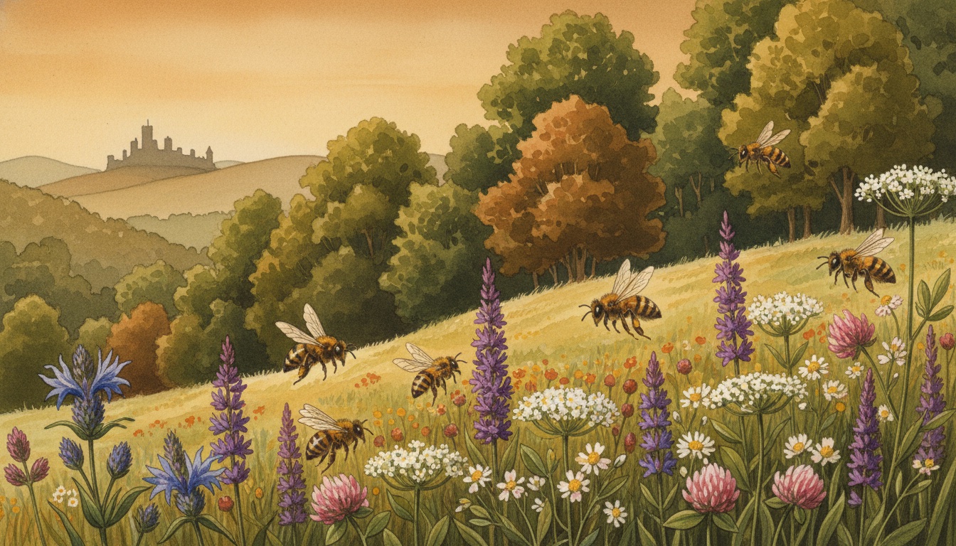 Bienen und Wildbienen in Mühlhausen/Thüringen (Thüringen) — Aquarell-Illustration der lokalen Habitate