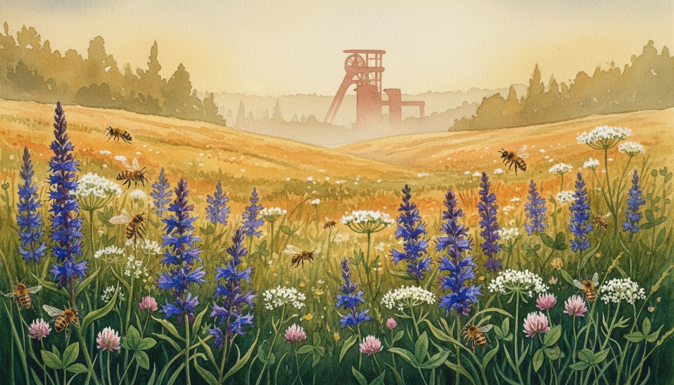 Bienen und Wildbienen in Mülheim an der Ruhr (Nordrhein-Westfalen) — Aquarell-Illustration der lokalen Habitate