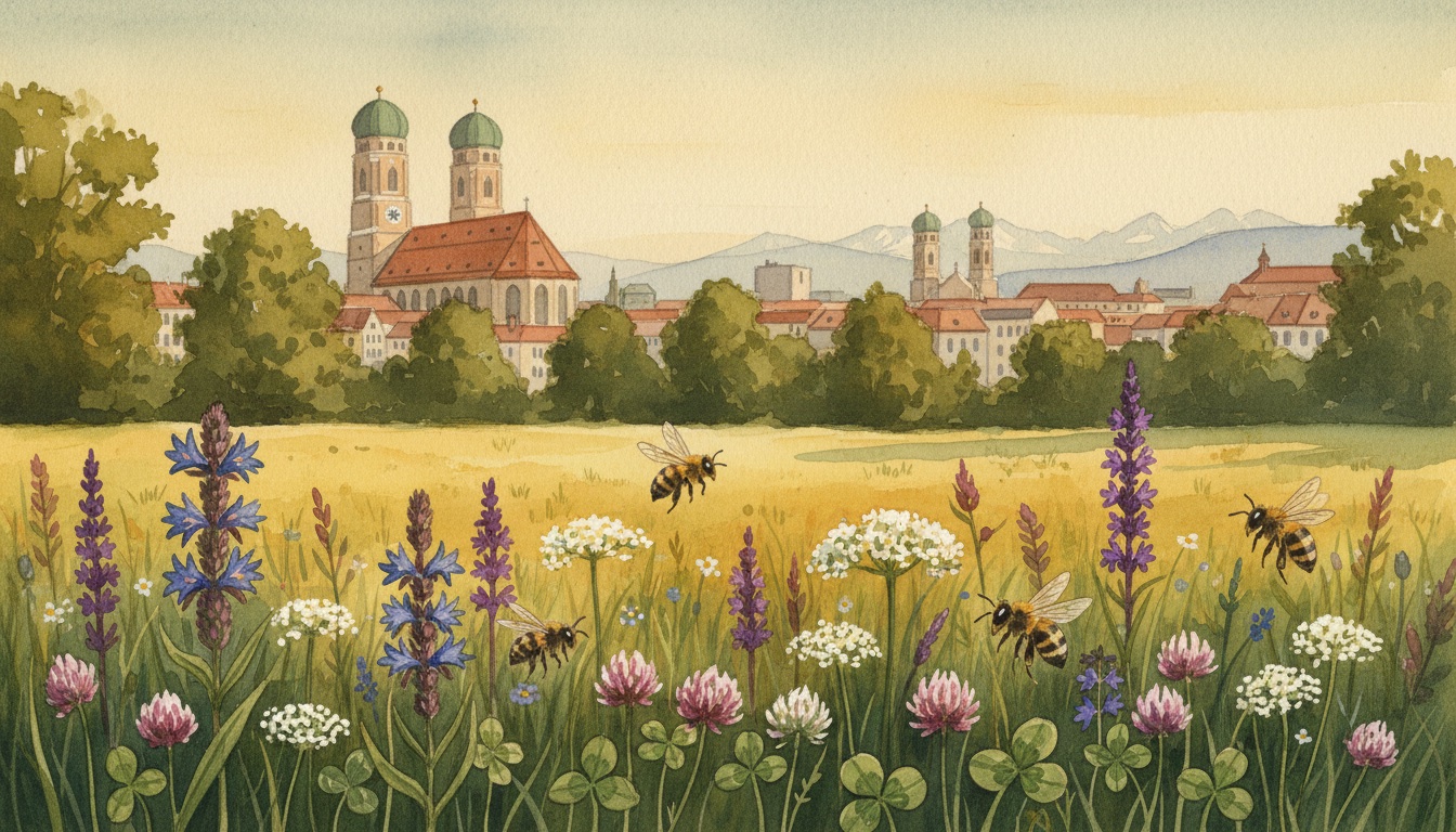 Bienen und Wildbienen in München (Bayern) — Aquarell-Illustration der lokalen Habitate