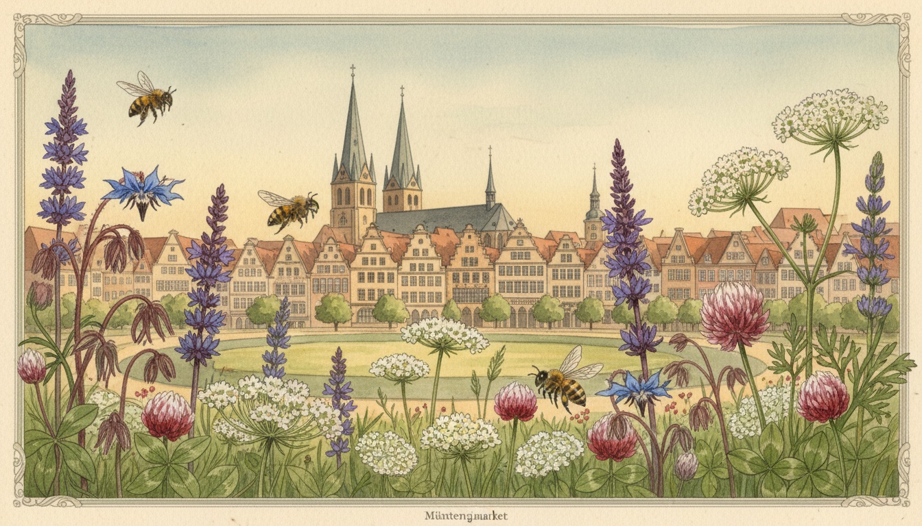 Bienen und Wildbienen in Münster (Nordrhein-Westfalen) — Aquarell-Illustration der lokalen Habitate