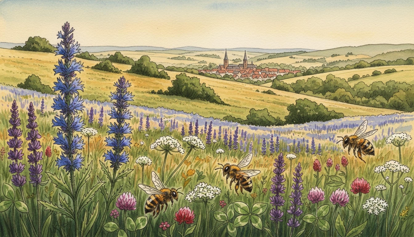 Bienen und Wildbienen in Naumburg (Saale) (Sachsen-Anhalt) — Aquarell-Illustration der lokalen Habitate