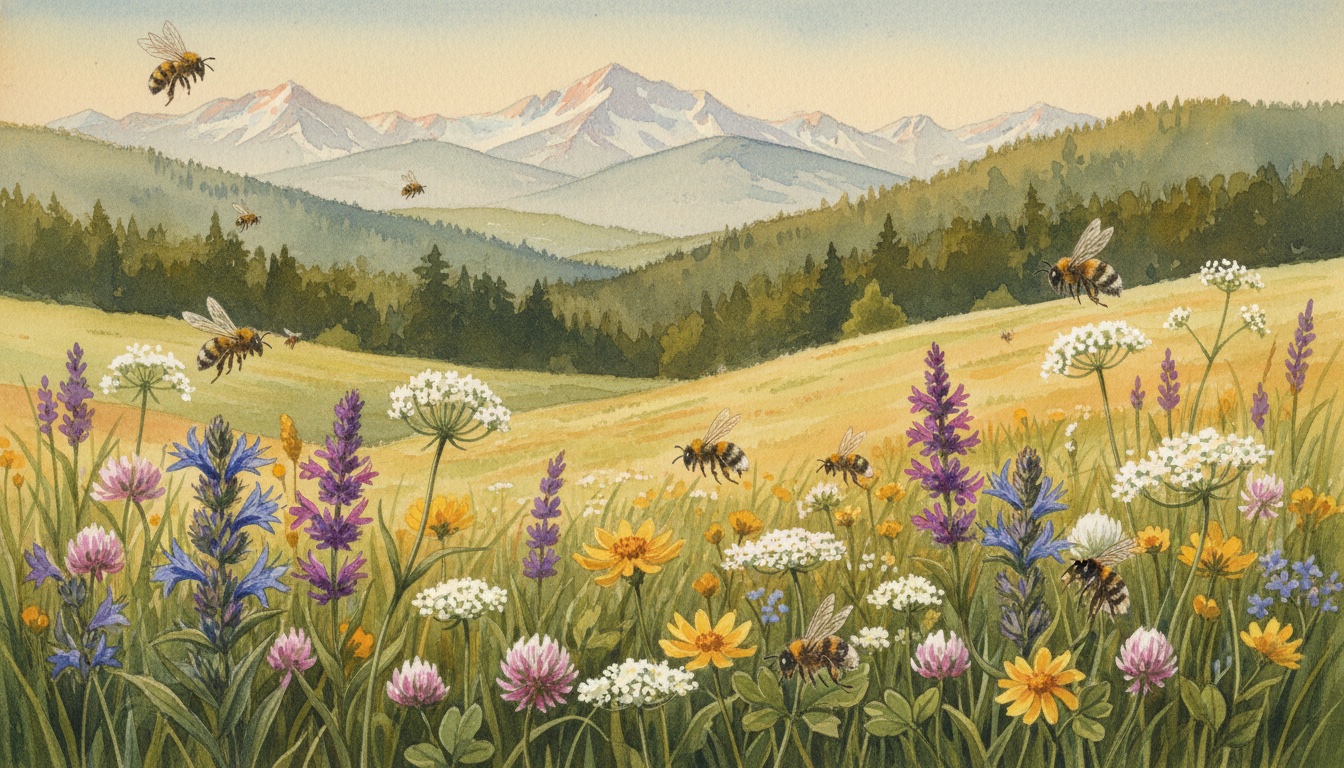 Bienen und Wildbienen in Neu-Ulm (Bayern) — Aquarell-Illustration der lokalen Habitate
