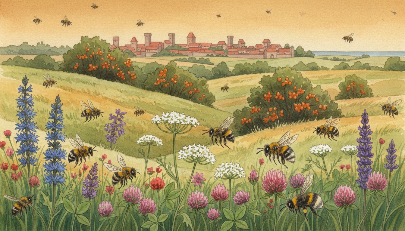 Bienen und Wildbienen in Neubrandenburg (Mecklenburg-Vorpommern) — Aquarell-Illustration der lokalen Habitate