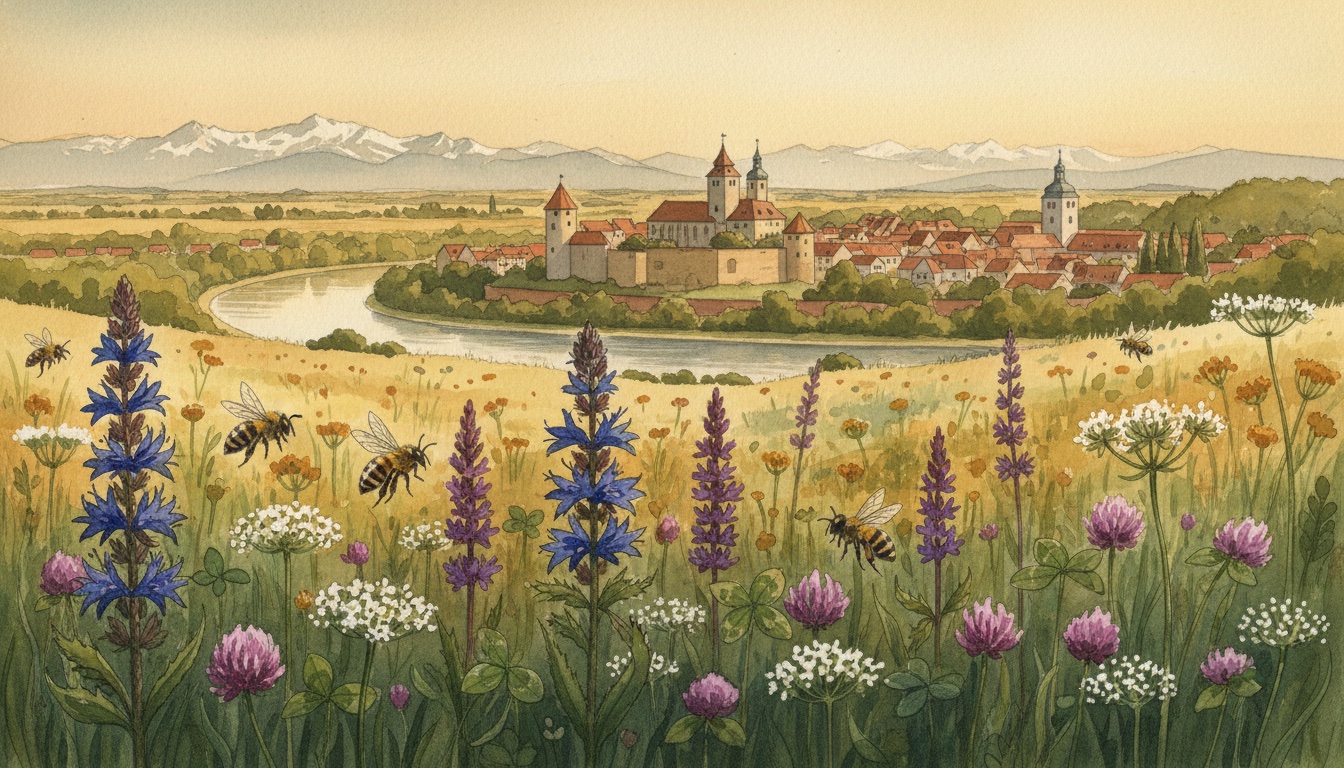 Bienen und Wildbienen in Neuburg an der Donau (Bayern) — Aquarell-Illustration der lokalen Habitate