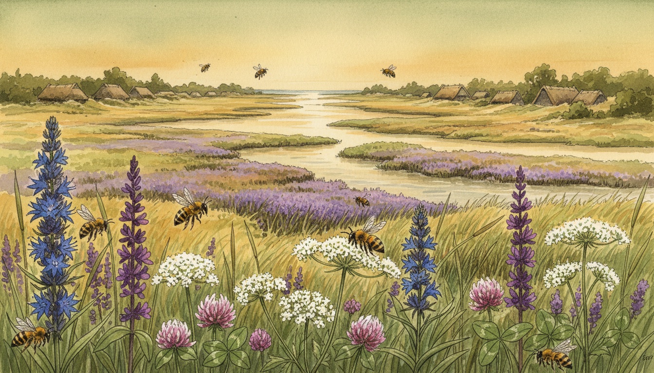Bienen und Wildbienen in Neumünster (Schleswig-Holstein) — Aquarell-Illustration der lokalen Habitate