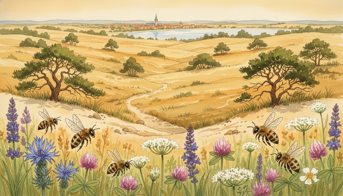 Bienen und Wildbienen in Neuruppin (Brandenburg) — Aquarell-Illustration der lokalen Habitate