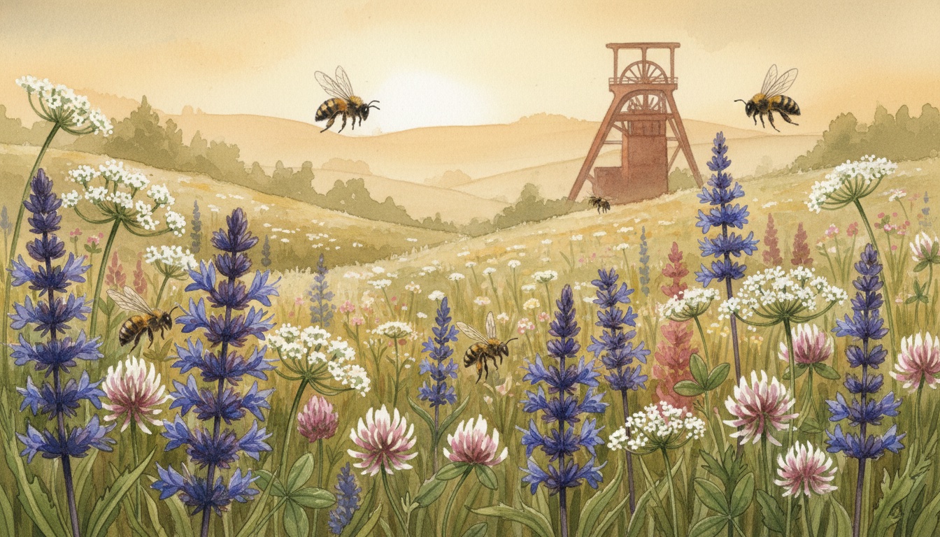 Bienen und Wildbienen in Neuss (Nordrhein-Westfalen) — Aquarell-Illustration der lokalen Habitate