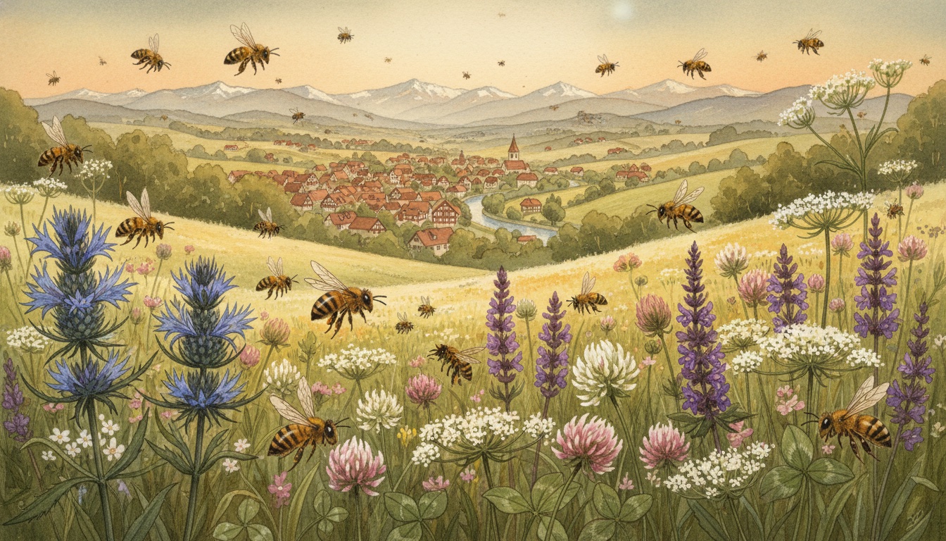 Bienen und Wildbienen in Neustadt an der Aisch (Bayern) — Aquarell-Illustration der lokalen Habitate