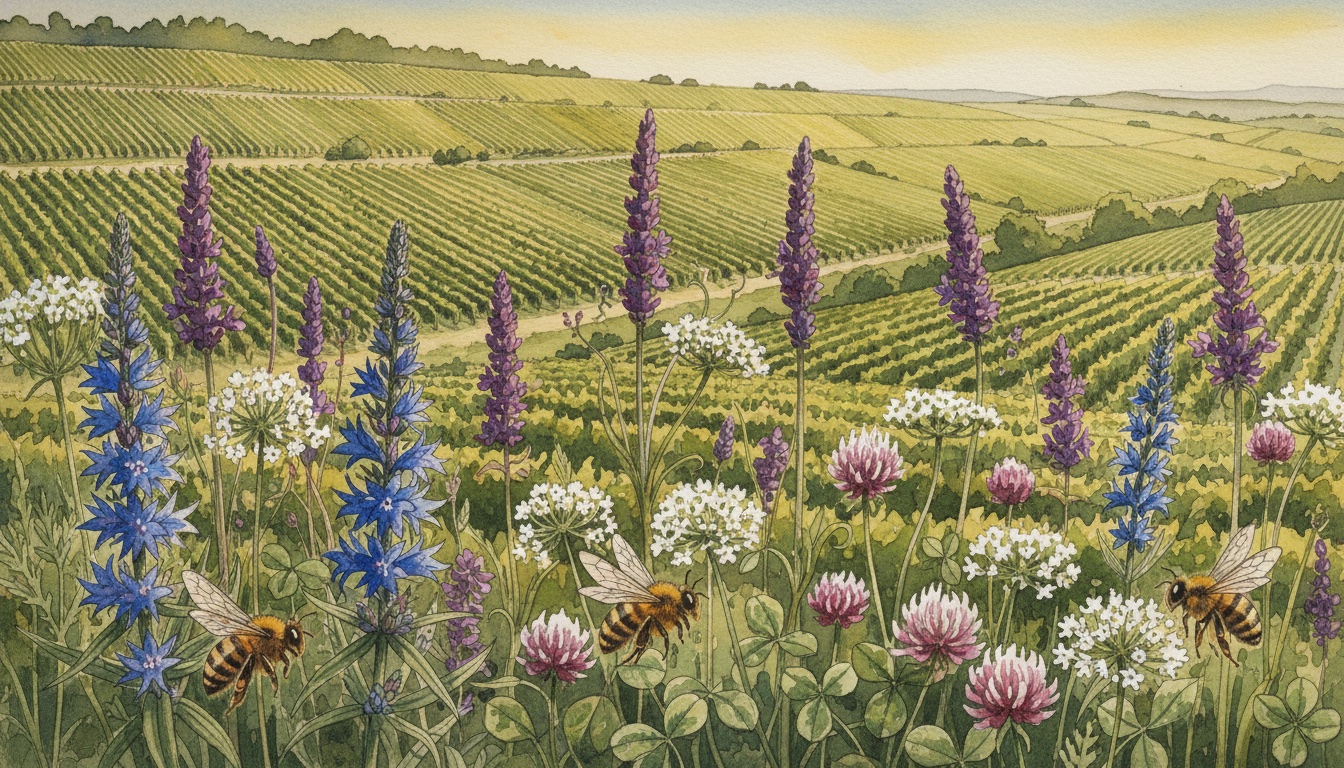 Bienen und Wildbienen in Neustadt an der Weinstraße (Rheinland-Pfalz) — Aquarell-Illustration der lokalen Habitate