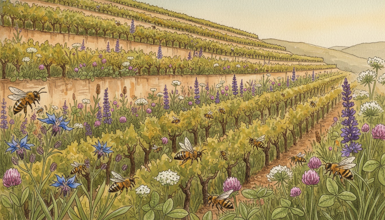 Bienen und Wildbienen in Neuwied (Rheinland-Pfalz) — Aquarell-Illustration der lokalen Habitate