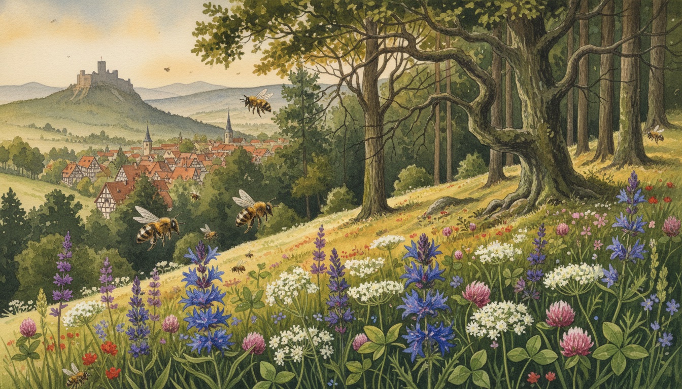 Bienen und Wildbienen in Nordhausen (Thüringen) — Aquarell-Illustration der lokalen Habitate