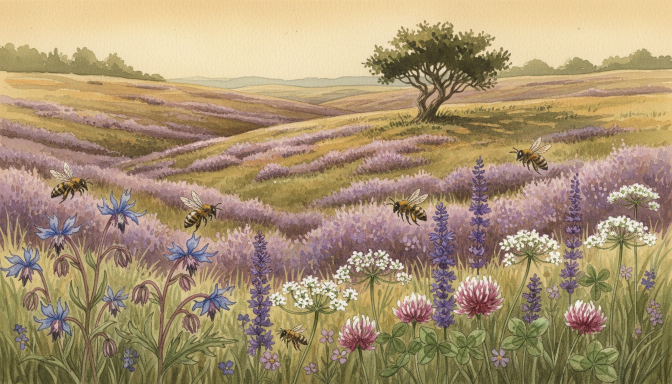 Bienen und Wildbienen in Nordhorn (Niedersachsen) — Aquarell-Illustration der lokalen Habitate